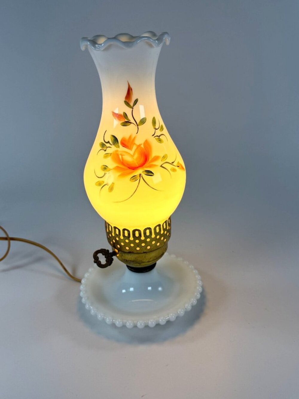 Vintage Milk Glass Hurricane Boudoir Table Lamp Floral Milk Glass Beaded Base